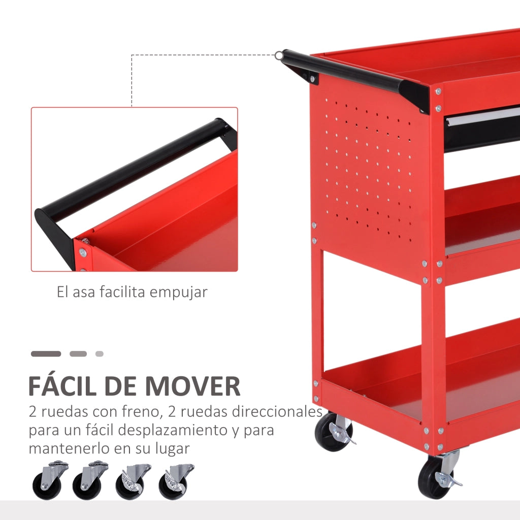 Carrello per attrezzi con 3 vassoi e cassetto ¨C Minimal ¨C Ruote con freni, pannello laterale perforato, rosso