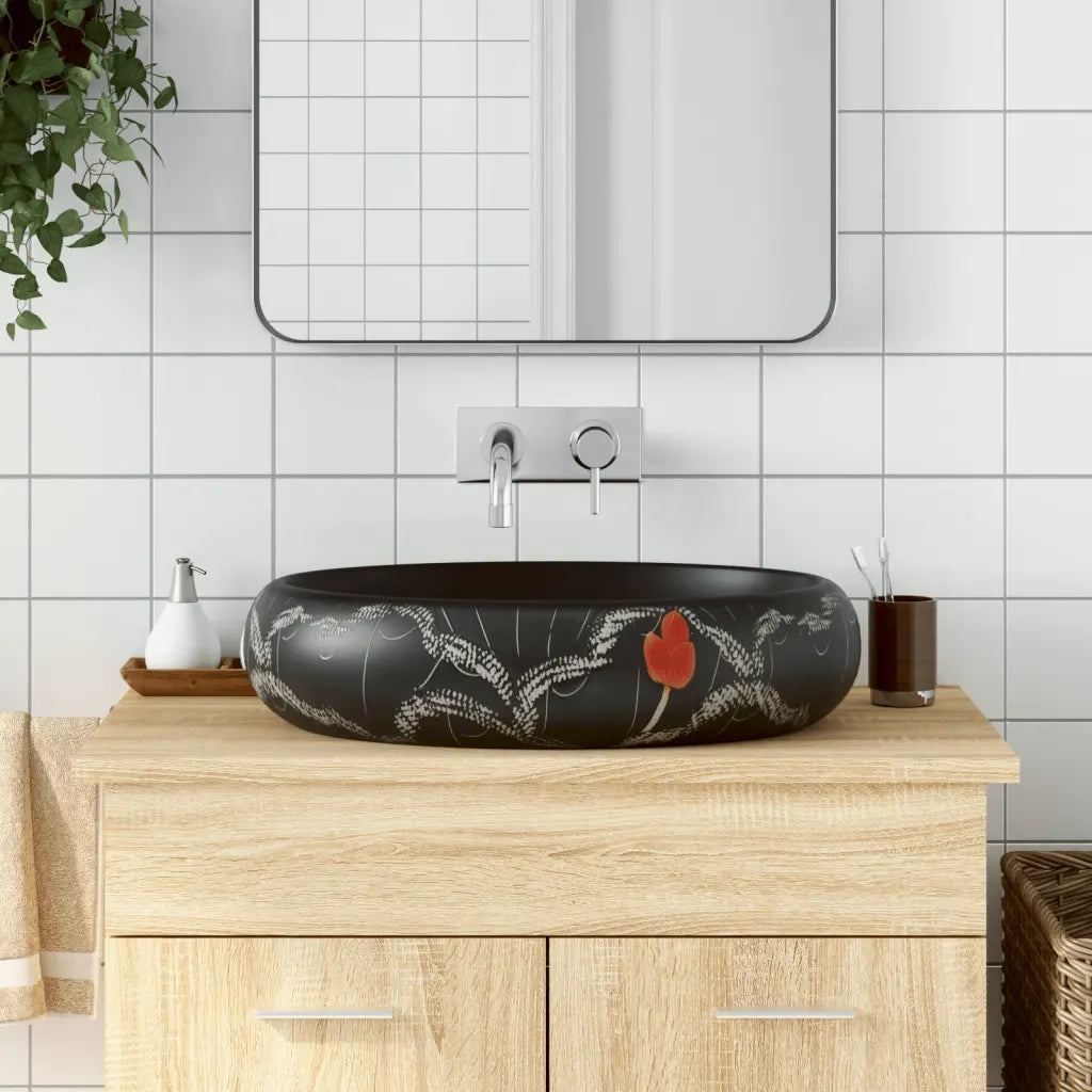 Lavabo da Appoggio-Lavandino-Lavello Nero Ovale 59x40x15 cm Ceramica