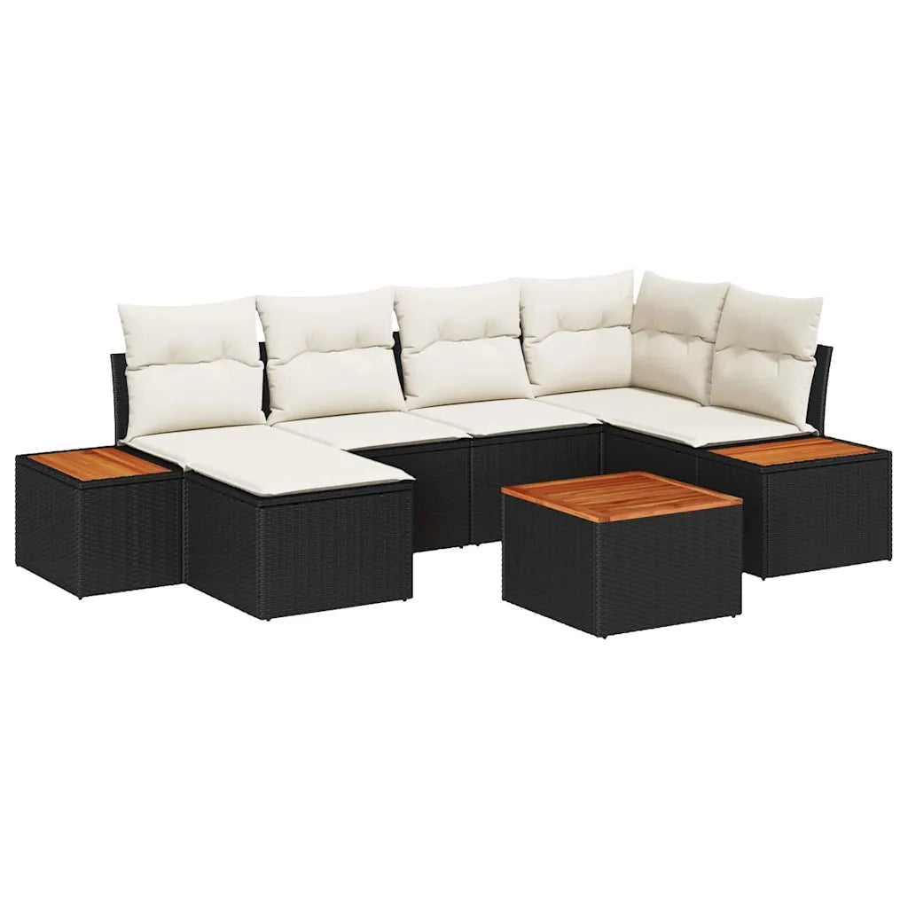 Set Divano da Giardino 7 pcs Nero e Crema Polyrattan
