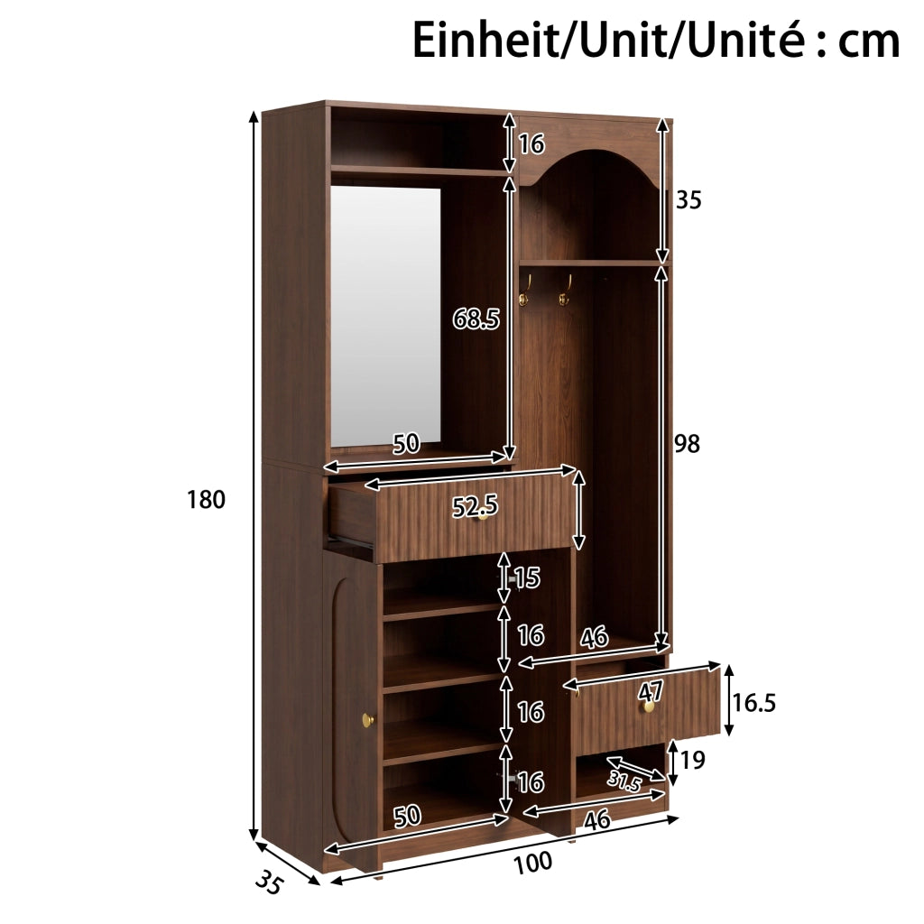 Mobile da ingresso, appendiabiti, con specchio e panca, 2 cassetti, 3 ganci, colore noce