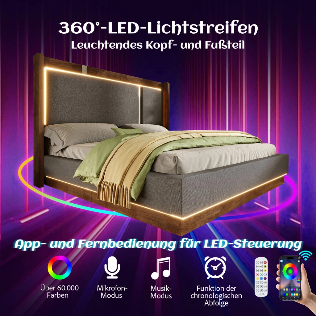 LETTO con contenitore e LED 160x200 cm Grigio e Noce