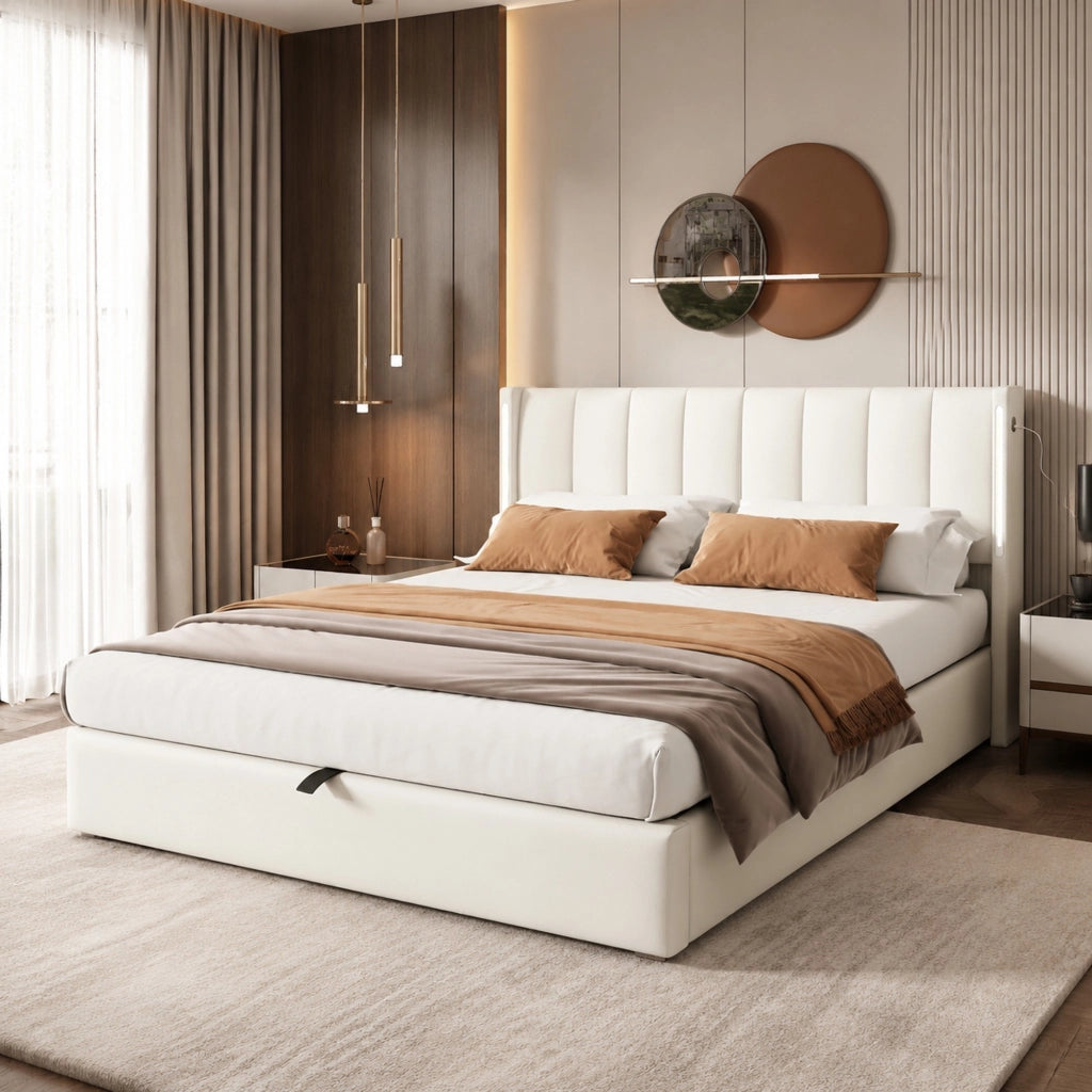 LETTO imbottito 140x190 cm PU bianco con rete a doghe, USB, LED
