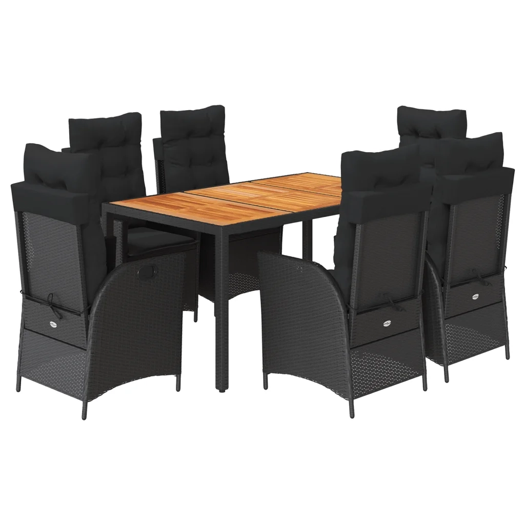 Set da Pranzo da Giardino 7 pz Nero con Cuscini in Polyrattan