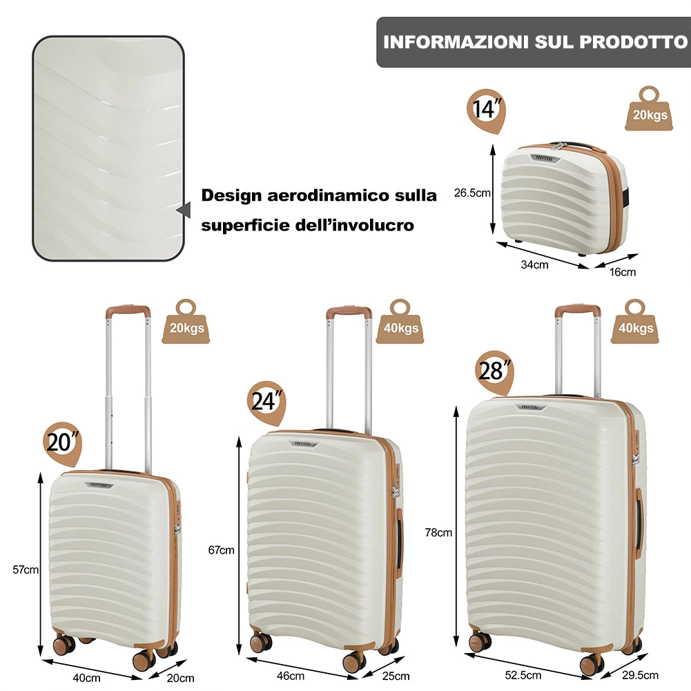 Set 4 Valigie Rigide Abs e PP con Beauty Case, Trolley 4 Ruote, Lucchetto Bianco