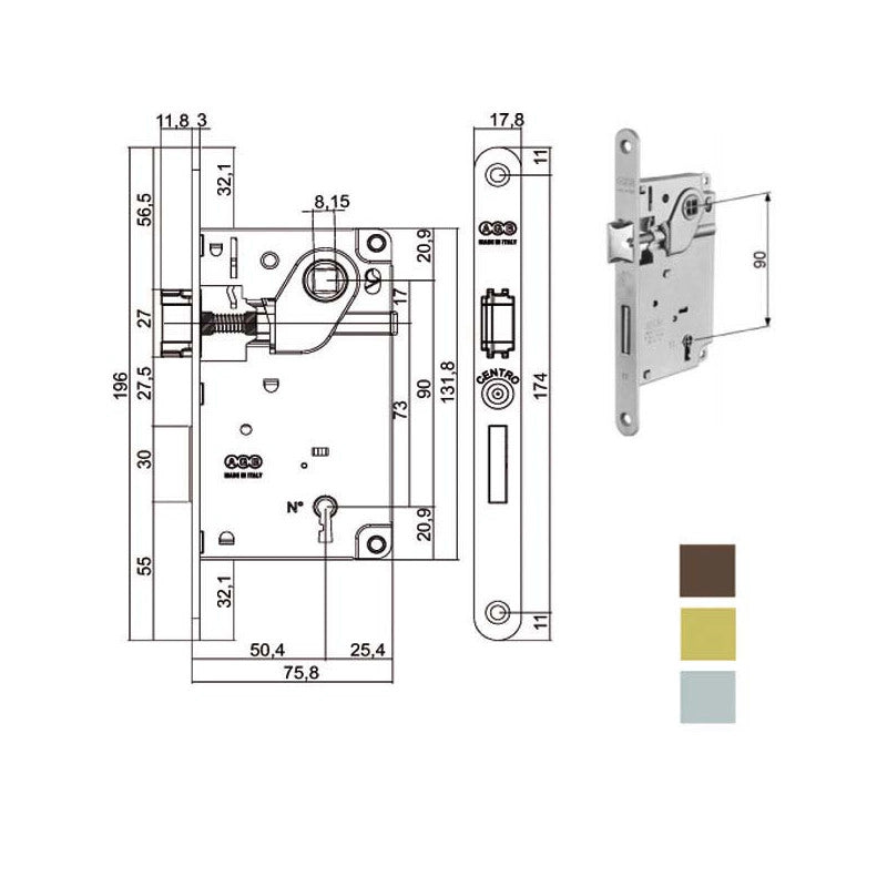 Serratura Inf.Legno Centro E50 Ottonata 1002 Agb