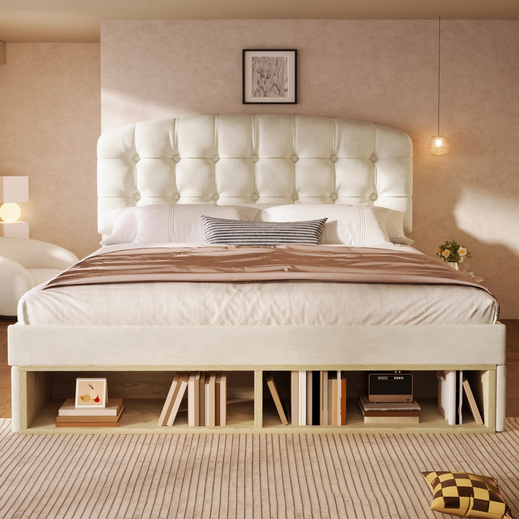 LETTO imbottito 140x200 cm in velluto beige con testiera regolabile e cassetti