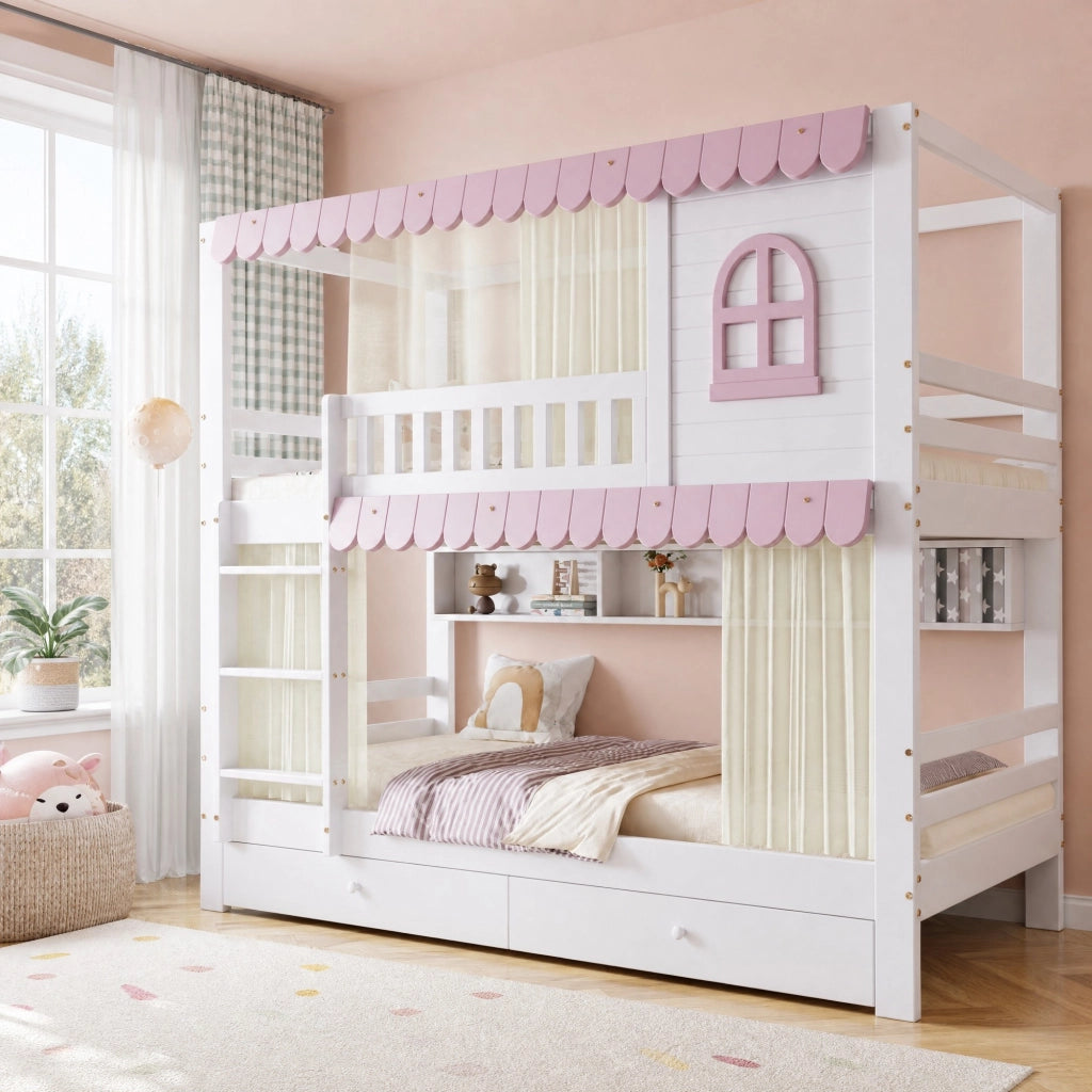 LETTO a castello 90x200 cm Bianco e Rosa con cassetti e ripiani