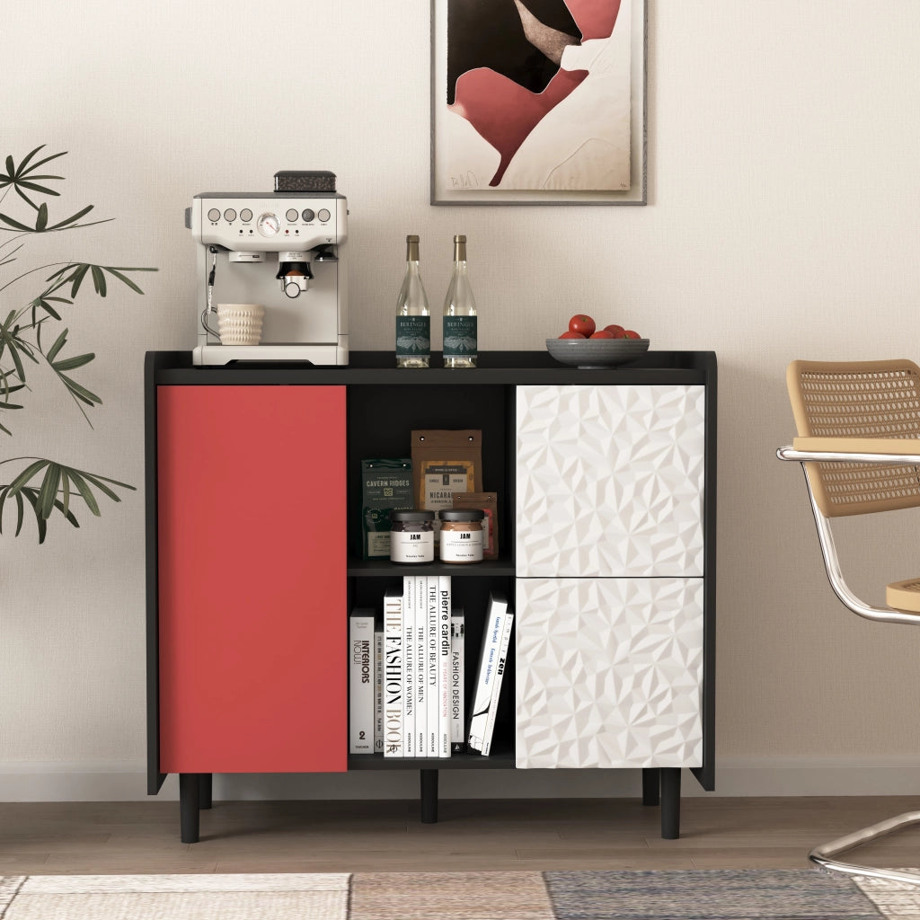 Buffet con ante rosse - Zephmum- 2 cassetti e 2 ripiani aperti