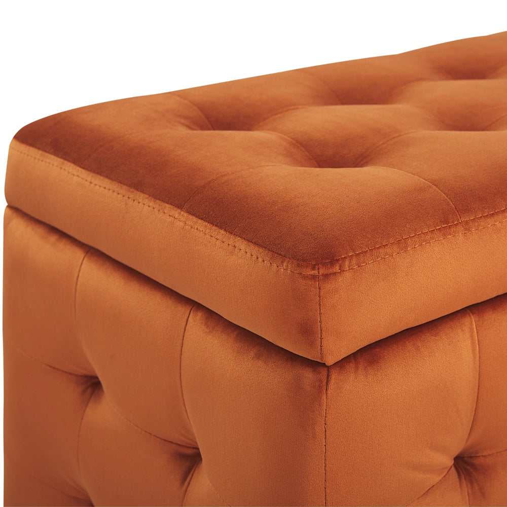 Pouf Cassapanca Imbottito in Velluto Arancione Stile Chesterfield