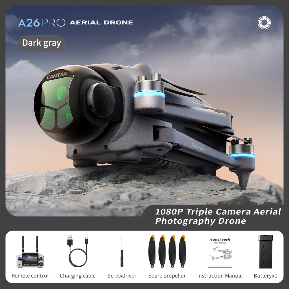 Drone pieghevole con telecamera A26PRO 1080P GPS 1 batteria 3.7V 2650mAh 20-22 min obiettivo 180 gradi evitatore ostacoli 248g 1000 m schermo 4.5 5V2A