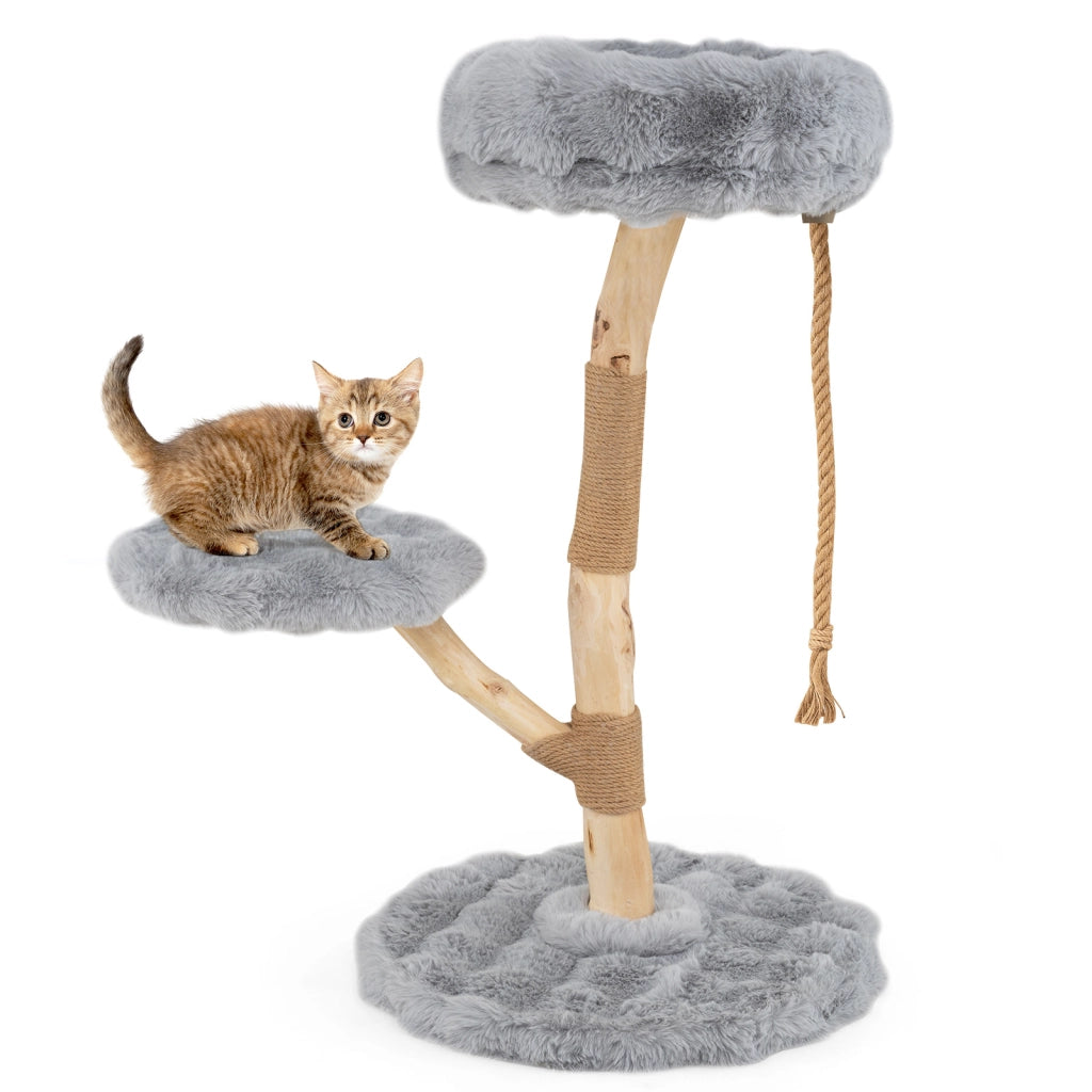 Torre moderna per gatti in legno con piattaforme in iuta naturale, Albero per gatti 92 cm corda in iuta Grigio