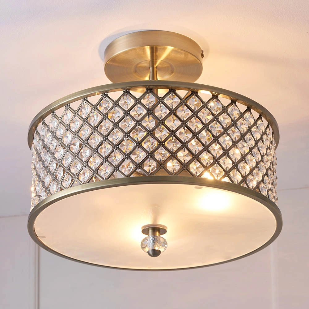 Plafoniera Hudson Endon ottone anticato cristalli tonda 3xE27