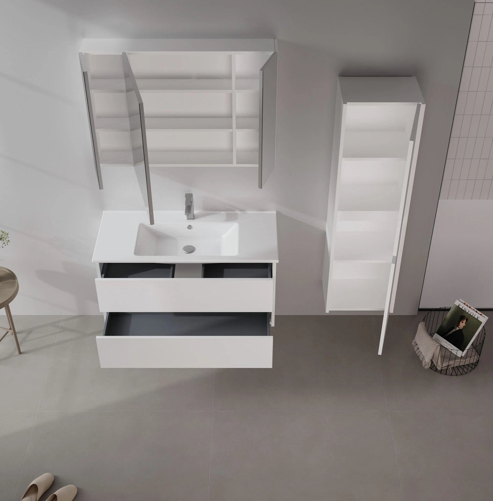 Mobile da bagno con specchio "Side 100" - 100 x 16 x 66 cm - Bianco opaco