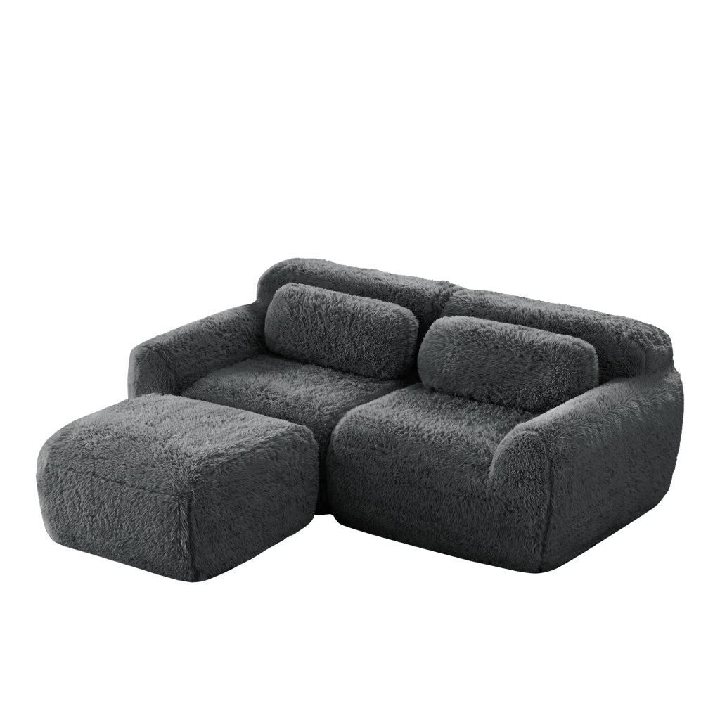 Divano modulare a L - Zephmum- 2 posti- Tessuto morbido- Grigio- Schiuma elastica senza montaggio