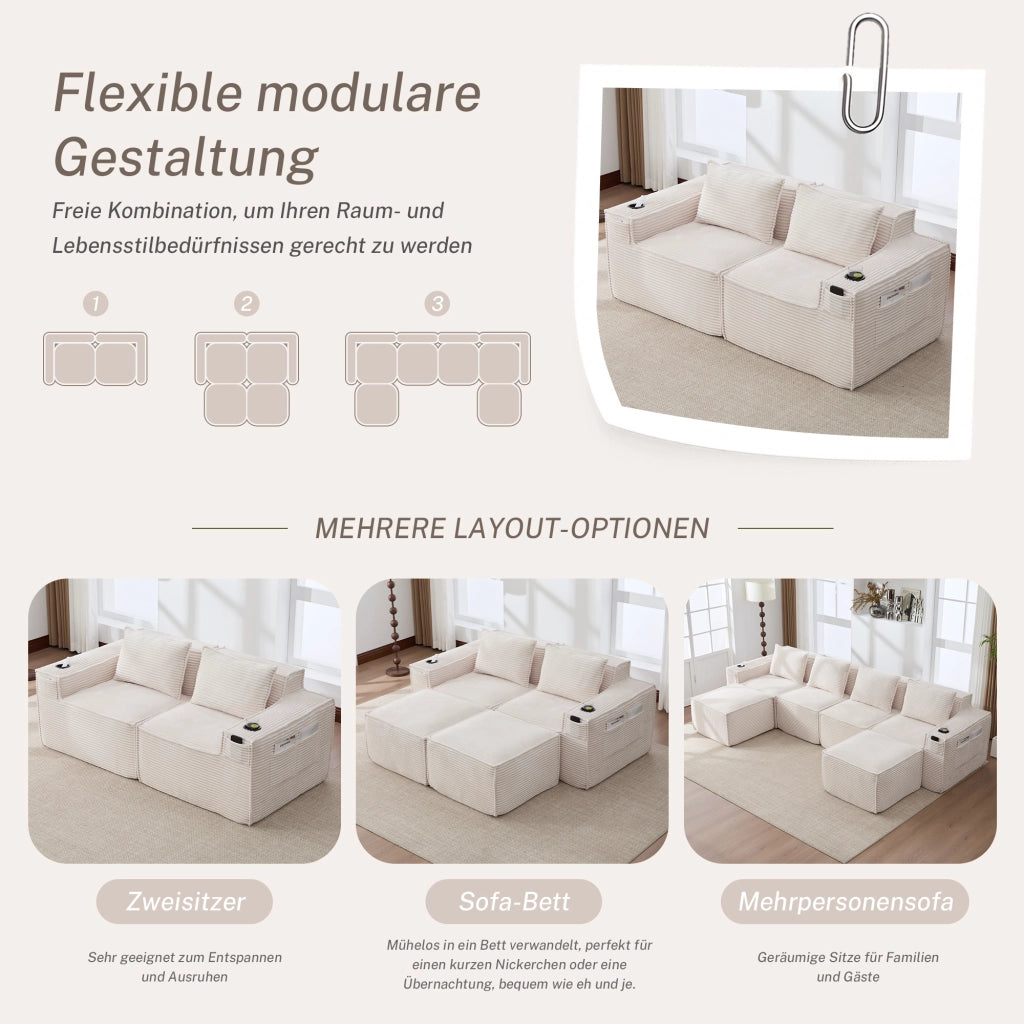 Divano modulare 2 posti con Portabicchieri e Tasche laterali in Velluto a coste Beige