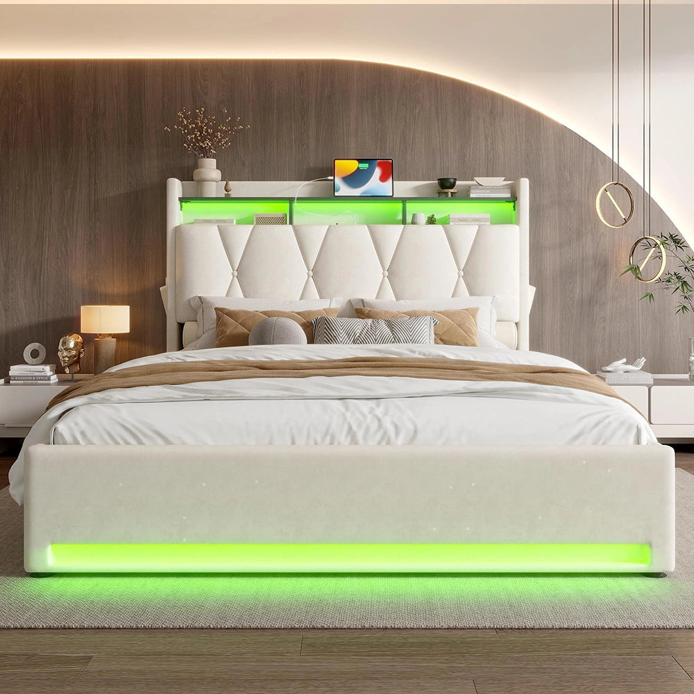 Letto 140x200cm imbottito - Xylo - beige USB-C idraulico LED