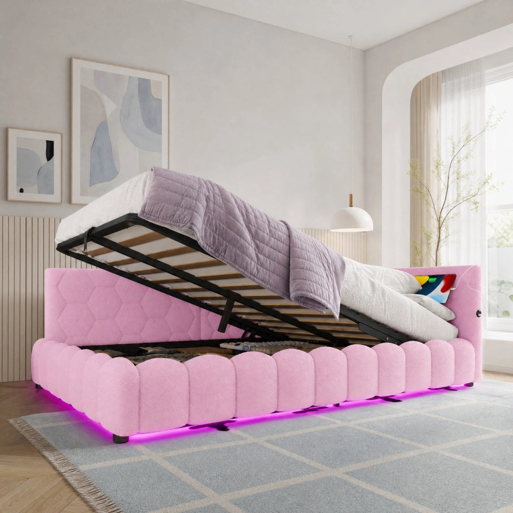 Daybed 140x200 cm con rete a doghe, contenitore idraulico, LED, USB e Type-C, rosa