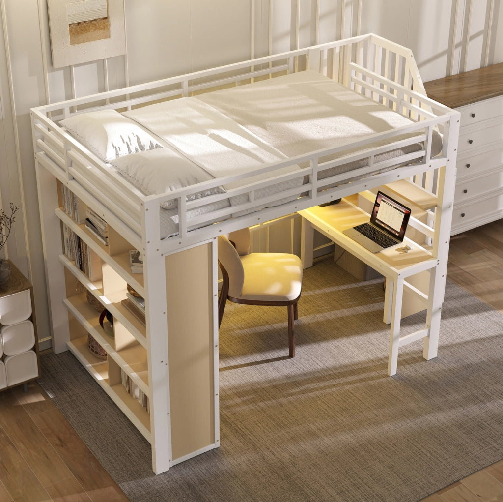 Hochbett 140x200 cm con scrivania; ripiani e LED; in metallo e MDF; bianco