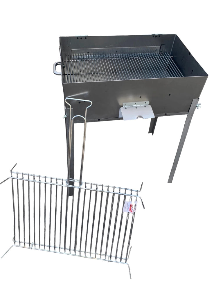 Barbecue in ferro con griglia in acciaio, con coperchio richiudibile, piedi estraibili, per legna o carbone, portatile 40x30 cm