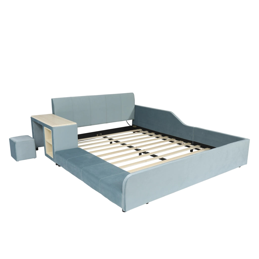 Letto Singolo Imbottito con Scrivania e Sgabello ¨C MINIMAL ¨C Velluto Blu 140x200
