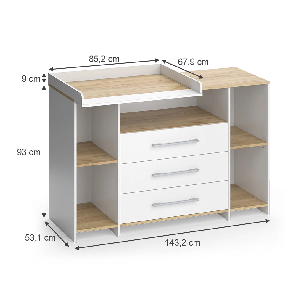 Vicco Fasciatoio Rovere bianco/dorato 143.2 x 93 cm con 3 cassetti