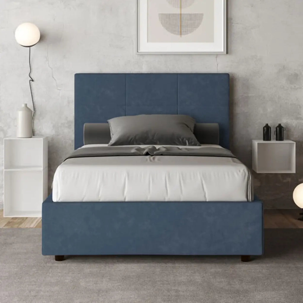 Letto una piazza e mezza con rete imbottito 120x190 microfibra blu Mika