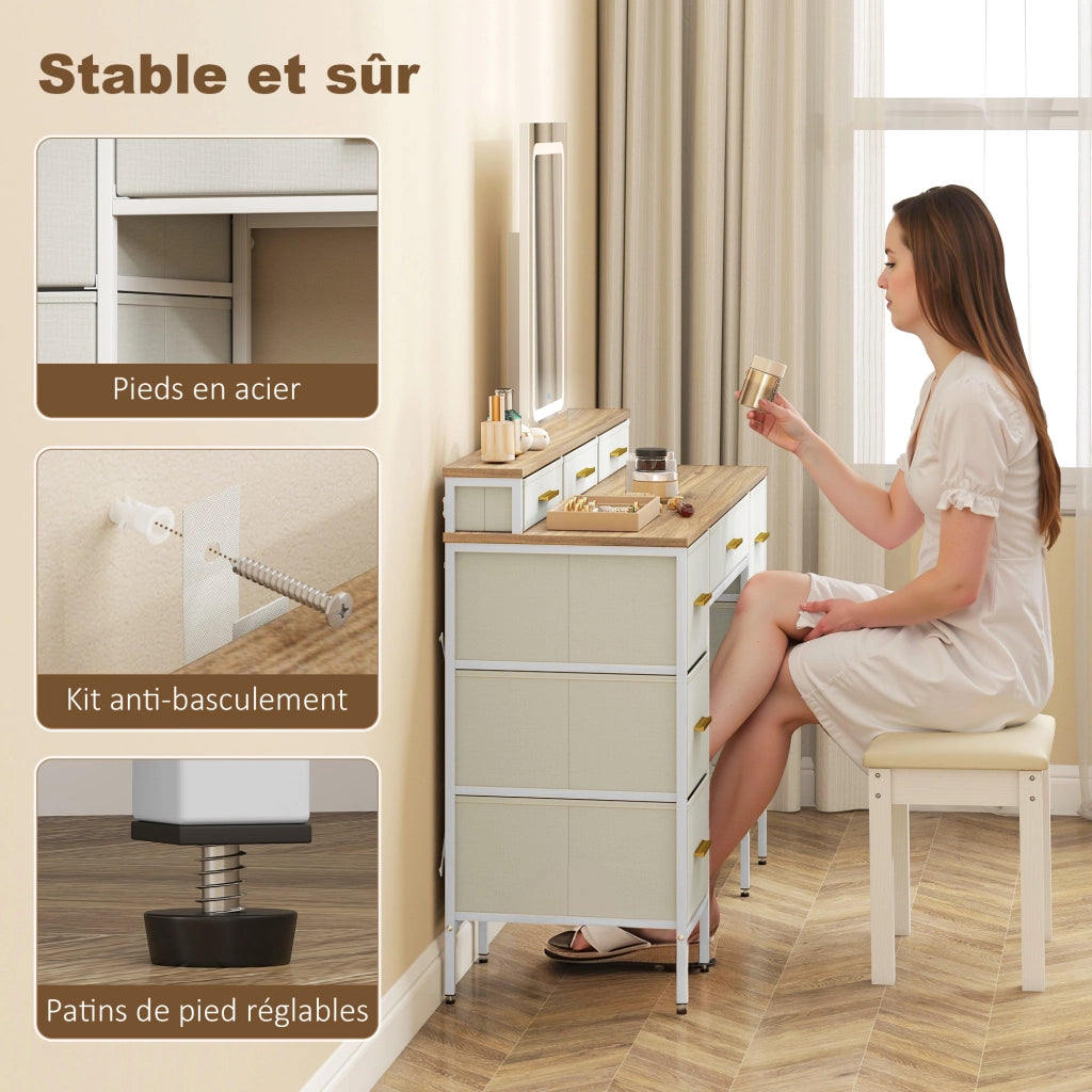 Toilette con specchio LED 3 colori ¨C Xylo ¨C 10 cassetti tessuto 118,5x39,5x140cm naturale