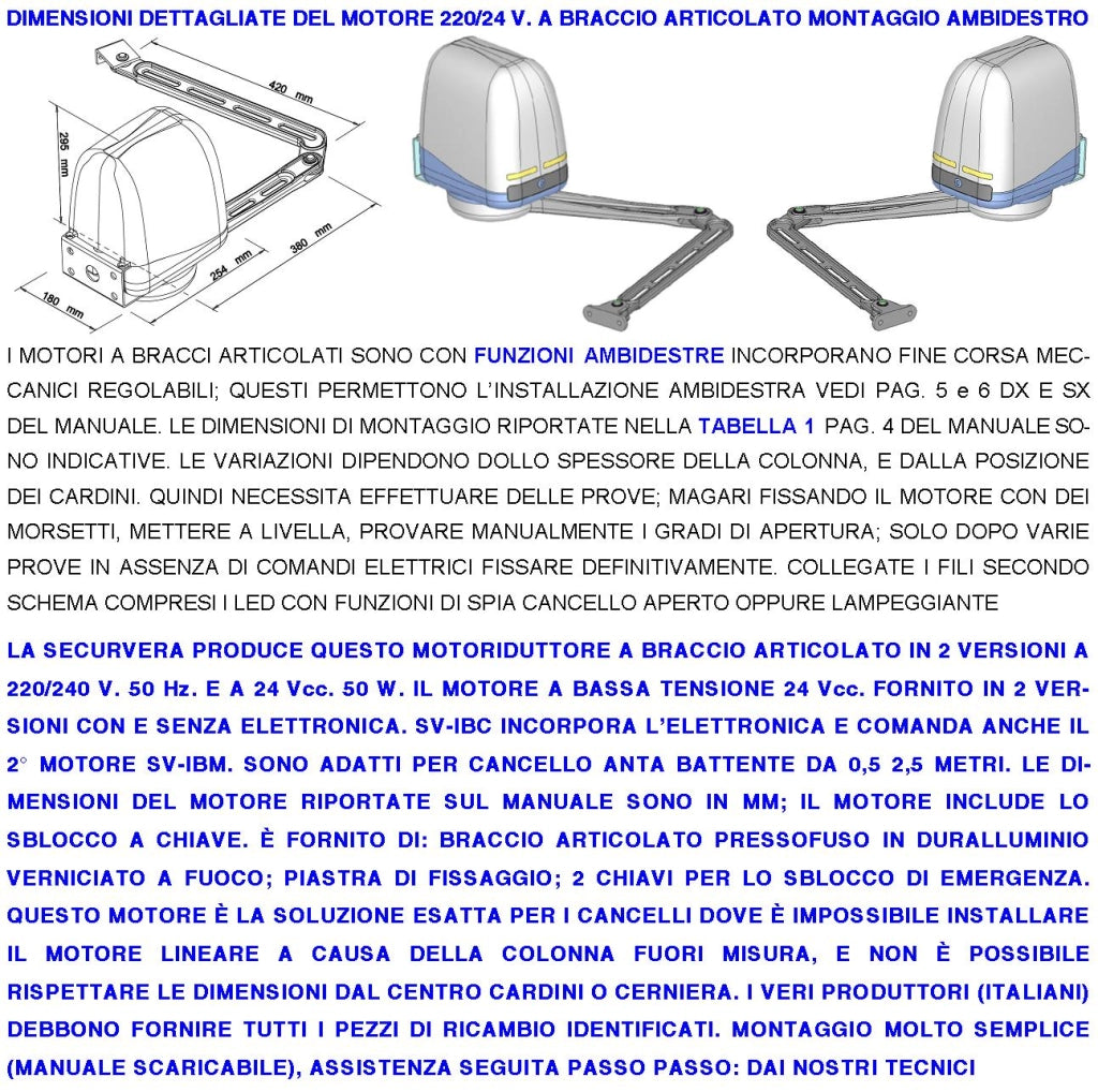Kit 2 Motori a Braccio Articolato 24 V Cancello Automatico 2 Ante da 0,5 a 2,5 MT Centrale 220/24 V 2 Radiocomandi Faro Fotocellule