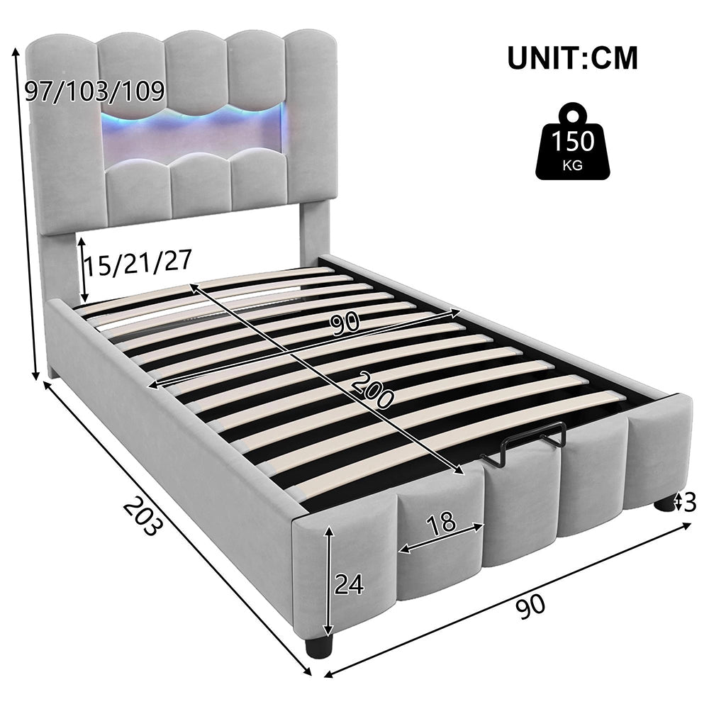 Letto 90x200cm?- Xylo - idraulico LED velluto grigio