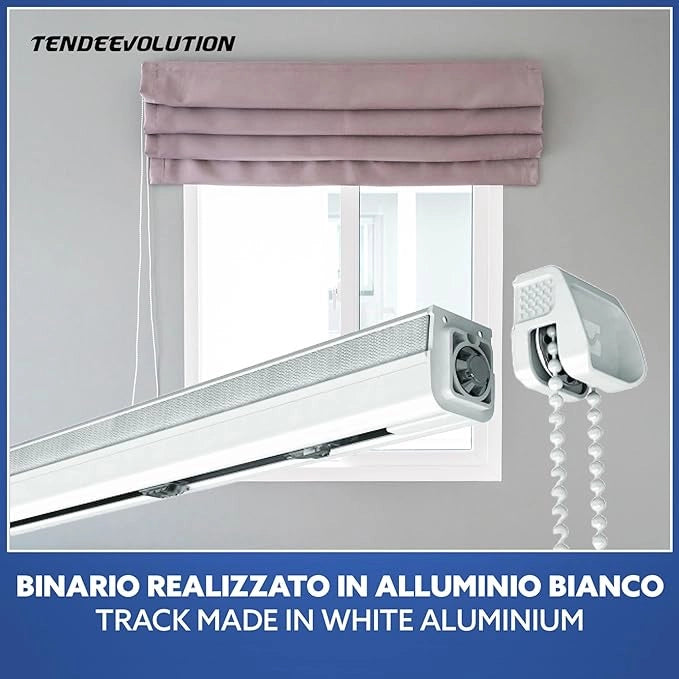Binario Tenda a Pacchetto 4 Calate con cassone, Bastone Attacco Parete/Soffitto, Binario in Alluminio Bianco Lunghezza 120 CM Comando a destra