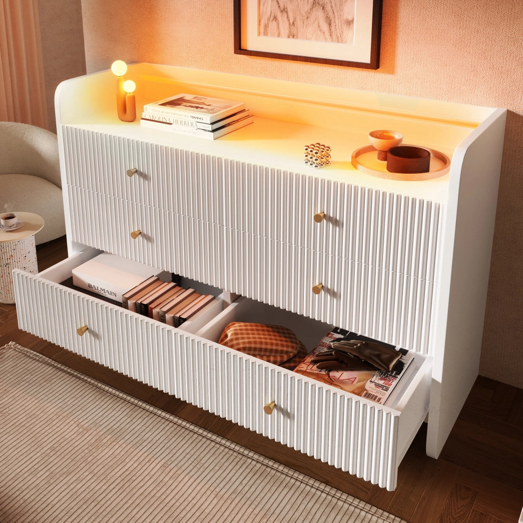 CREDENZA con LED, 120x40x75 cm, bianco, 6 cassetti