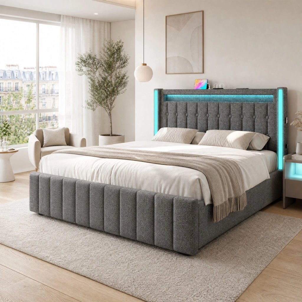 LETTO in lino 160x200 cm grigio con USB, LED e 4 cassetti