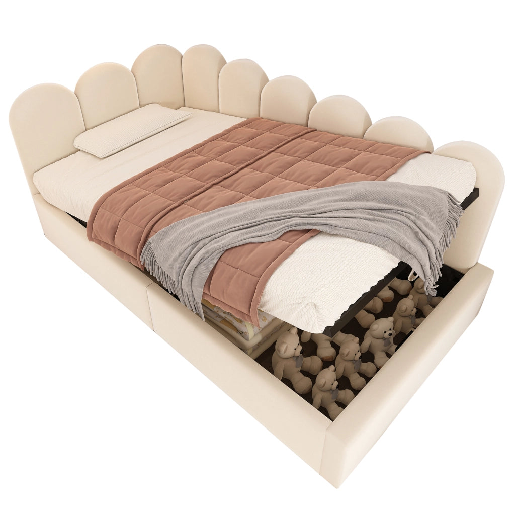 OKWISH Letto a Divanetto Singolo con Contenitore, Vano Contenitore Idraulico e Testiera, 190×90 cm, senza Materasso, Velluto, Beige