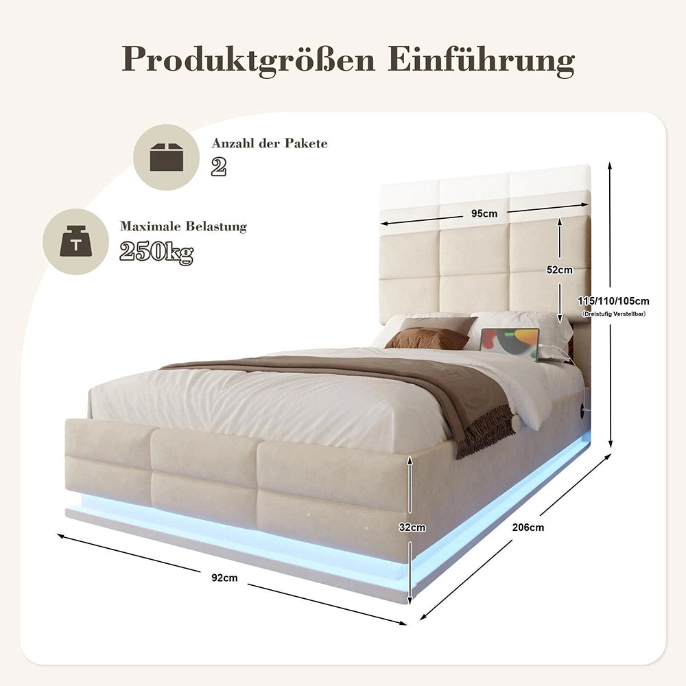 Letto 90x200cm imbottito - Xylo - velluto beige USB idraulico LED