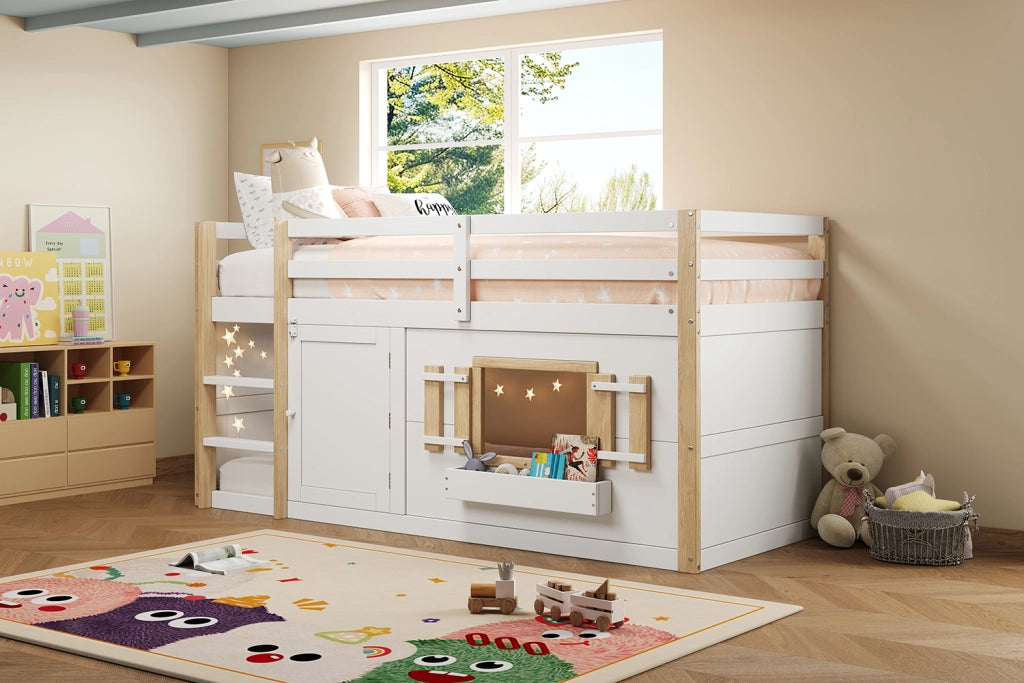 LETTO A SOPPALCO 90x200 cm in Legno massello Bianco con Scala e Area Gioco