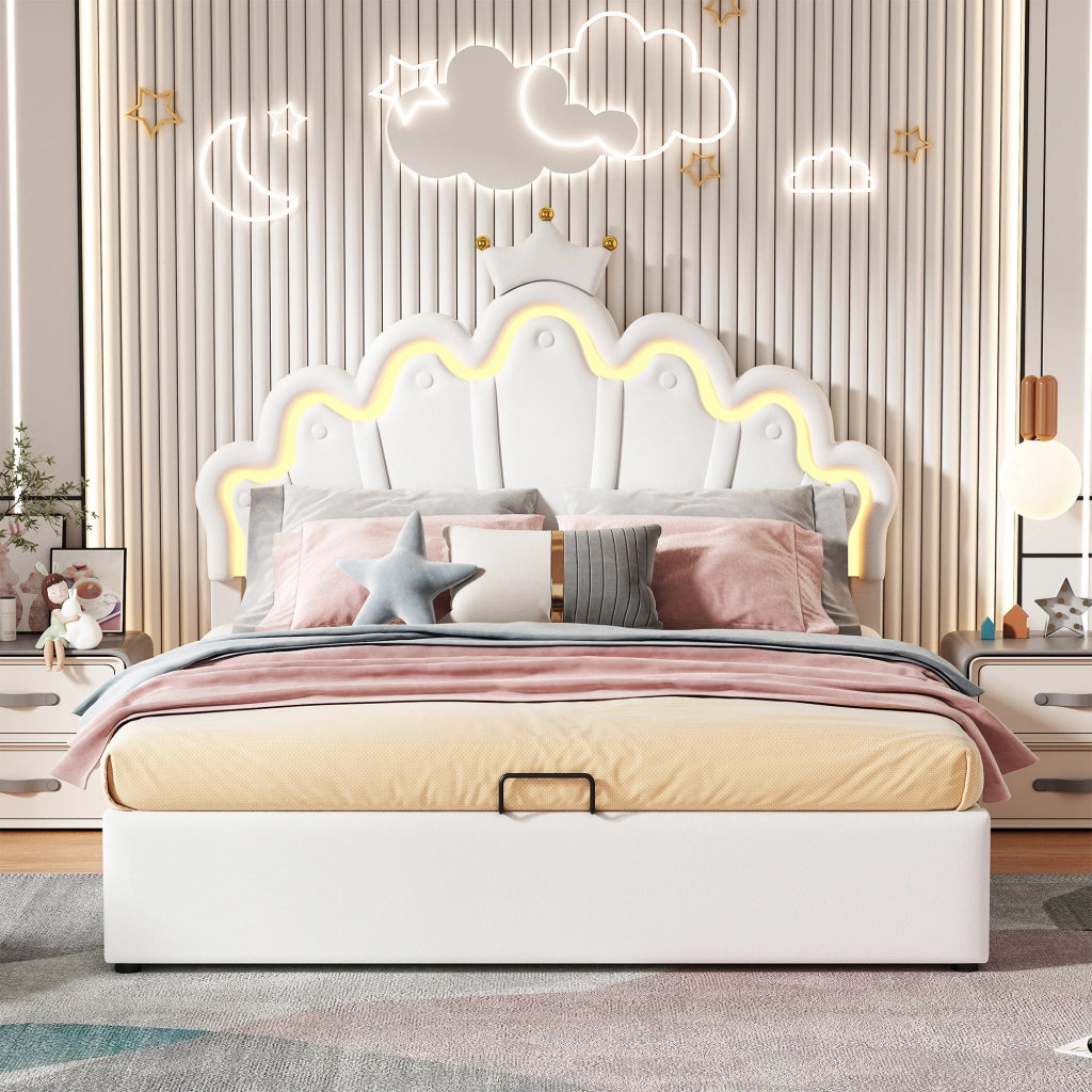 DESMIU Letto contenitore 140 × 200 cm 2 posti con LED regolabile e vano idraulico, senza materasso, PU bianco