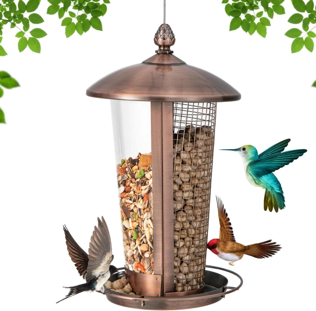 2 in 1 Mangiatoia per Uccelli con 2 Tubi, Mangiatoia per Uccelli da Appendere all'Aperto in Metallo Resistente alle Intemperie, Decorazione per Giardino e Portico