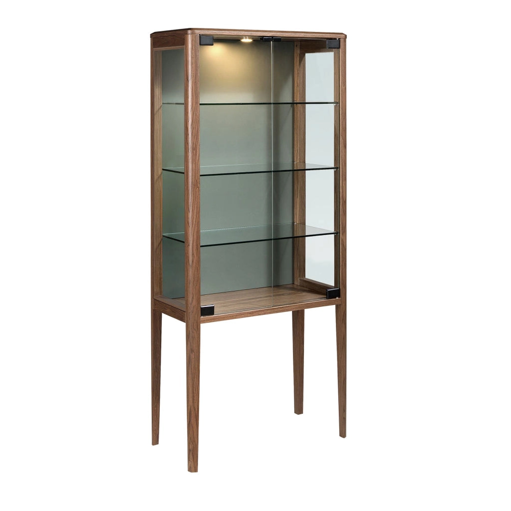Credenza alta in vetro temperato e noce con illuminazione interna