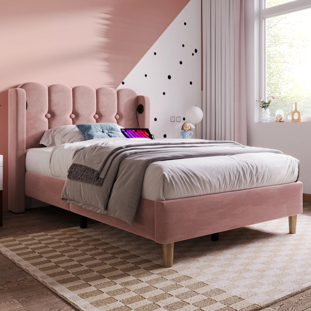 LETTO singolo 90x200 cm in velluto rosa con USB e Type-C