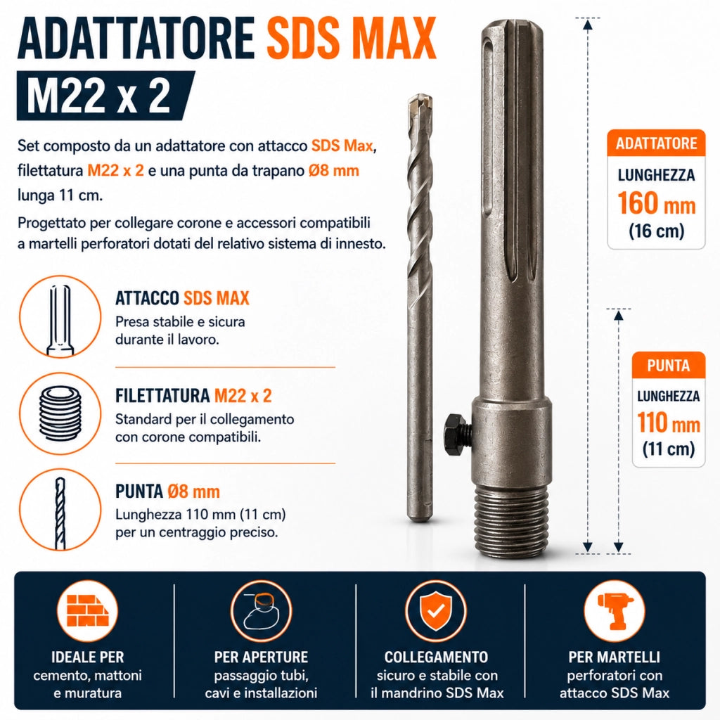 Adattatore SDS Max M22 x 2 160 mm con Punta 8x110 mm