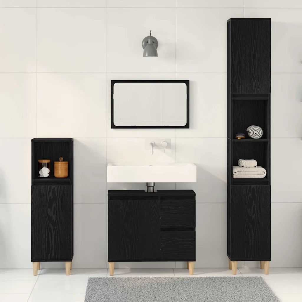 Set di mobili per il Bagno | Armadio da bagno Montaggio a parete 3 pz Rovere Nero