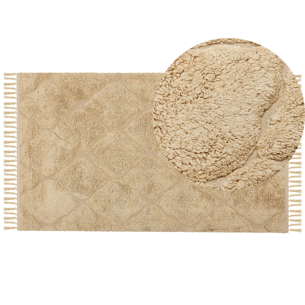Tappeto beige in cotone trapuntato motivo geometrico con nappe 80 x 150 cm stile boho soggiorno camera da letto