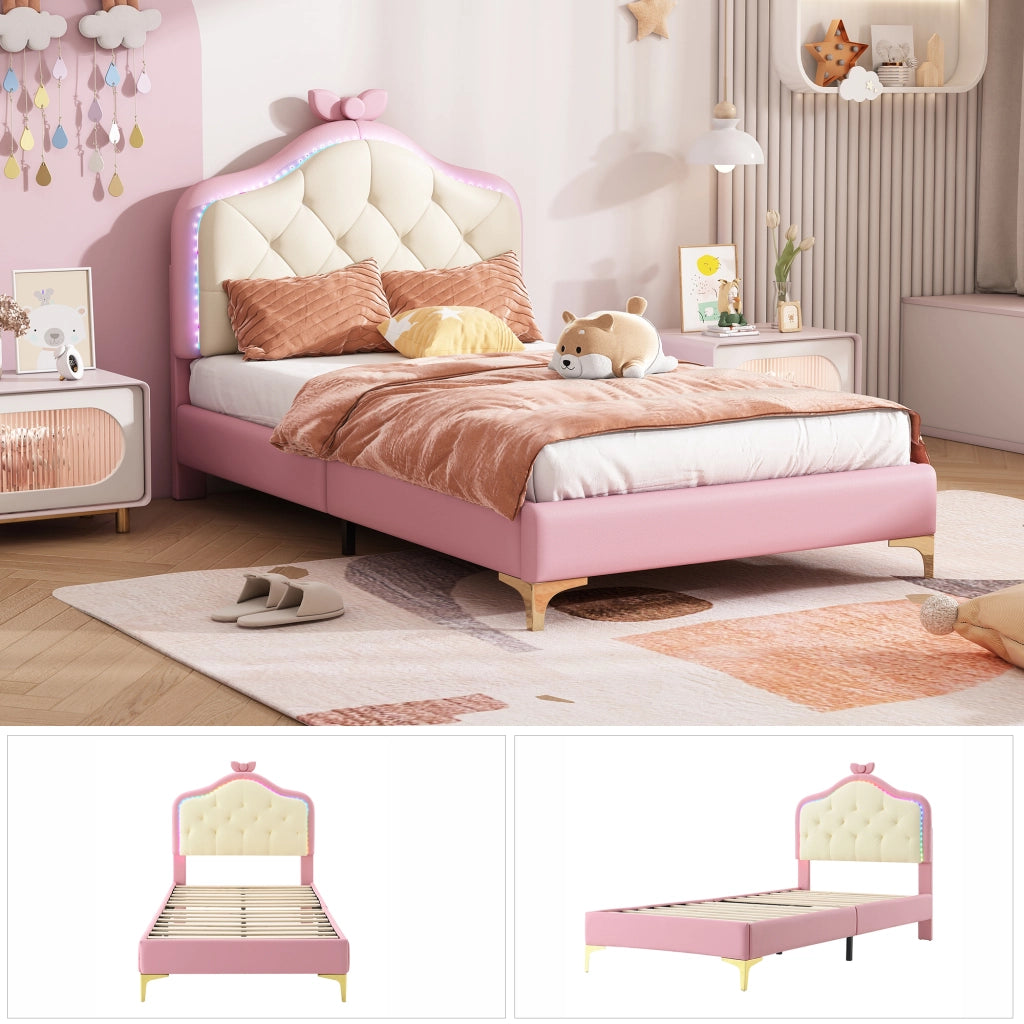 LETTO Imbottito 90x200 cm PU Bianco/Rosa con testiera ondulata e LED