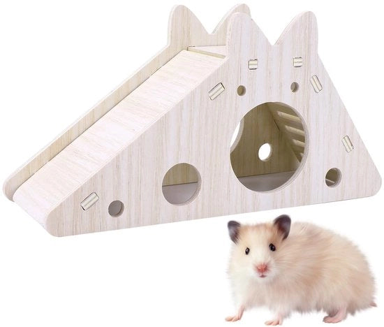 Casa per Hamster in Legno - Casa di Gioco con Scalone e Trottola - Rifugio per Piccoli Animali - Struttura per Habitat DIY - 18,3 x 7 x 9,5 cm - Materiale Sicuro - Casa per Animali Piccoli
