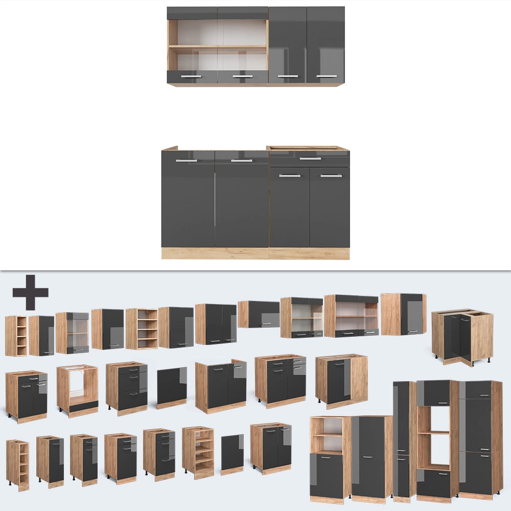 Vicco Cucina monoblocco Antracite lucido/oro power oak 140 cm , PL Antracite