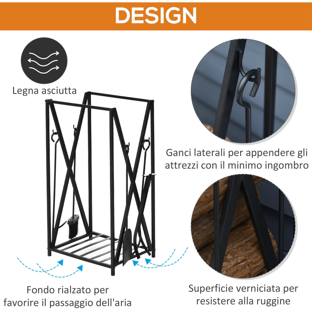 EasyComfort Portalegna da Interno ed Esterno in Acciaio con 4 Attrezzi Inclusi, Capacità 100kg 46x30x76cm Nero