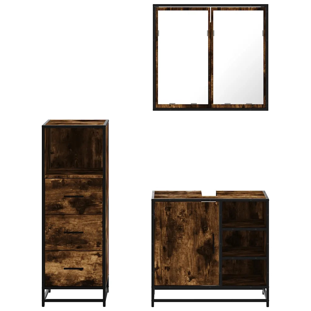 Set Mobili da Bagno 3 pz Rovere Fumo in Legno Multistrato 3301027