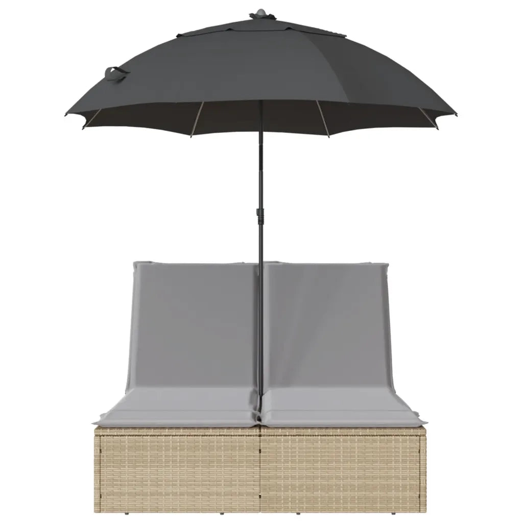 Lettino Prendisole Doppio Cuscini e Parasole Beige Polyrattan 368084