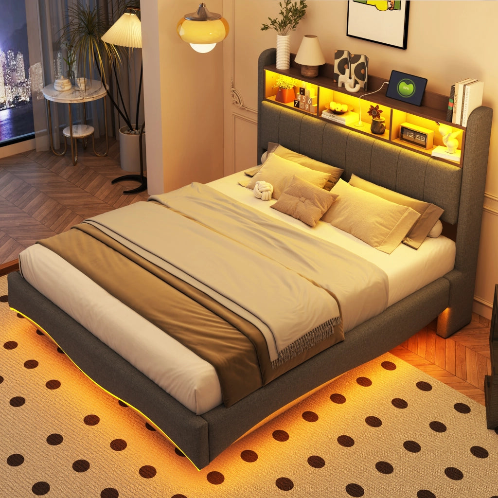 LETTO Imbottito 140x200 cm Grigio con LED, USB, Type-C e vano testiera
