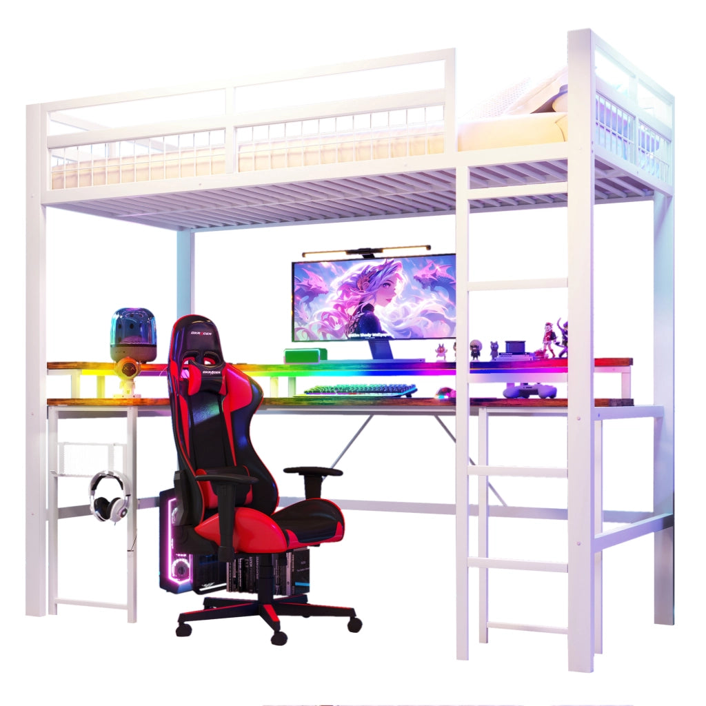 Letto a soppalco con scrivania e LED - Zephmum- 90x200 cm, bianco, USB, presa
